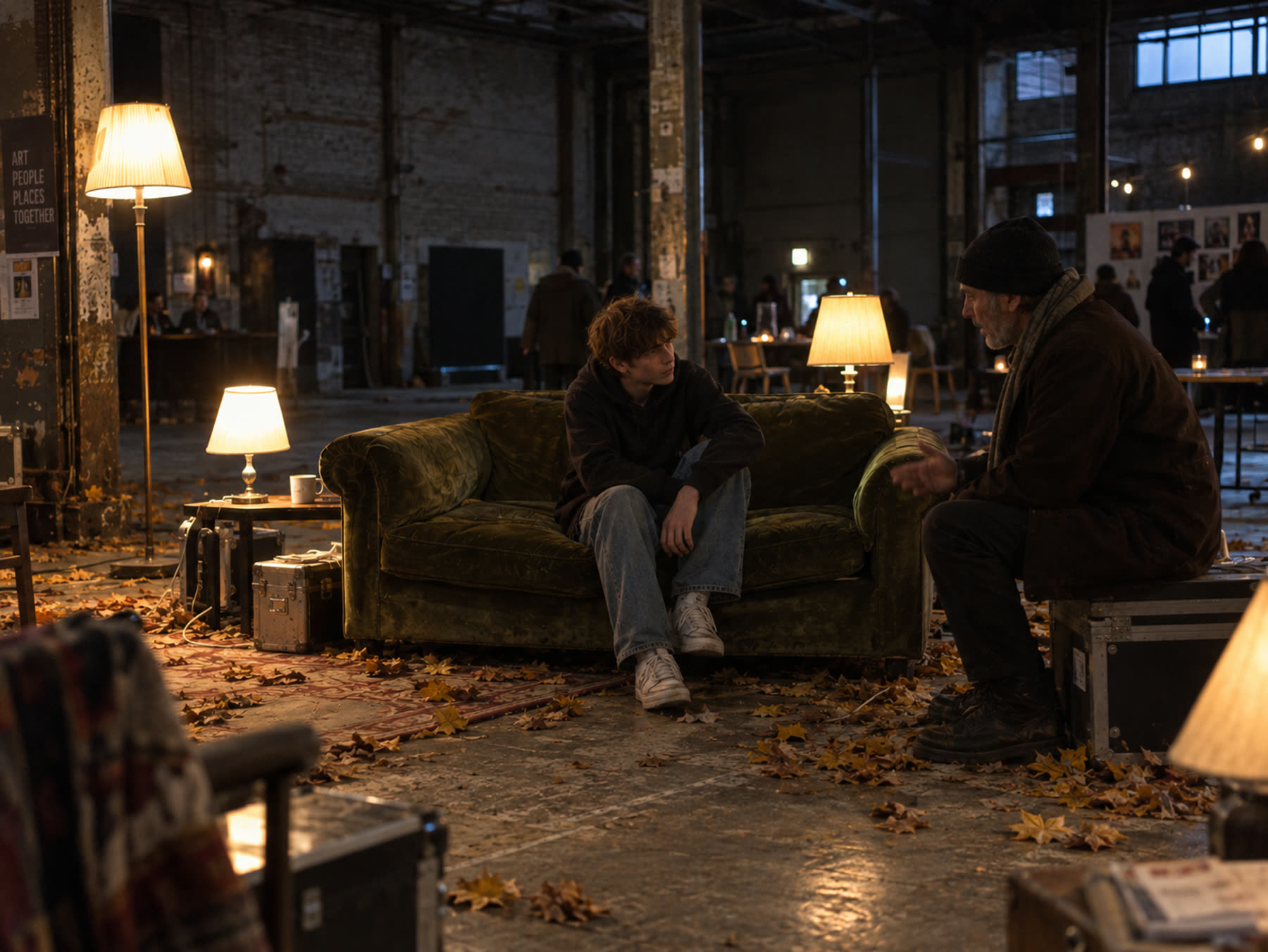 Two people talk, sitting on and beside a worn sofa inside a warehouse space lit by lamps, surrounded by fallen leaves.